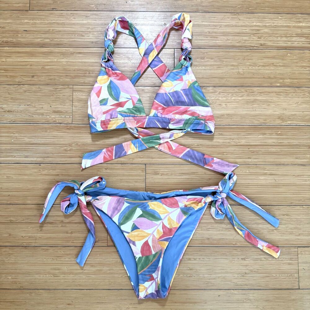 BECCA Bora Bora Tropical Leaf Print Bikini Set Triangle Top Tie Side Bottoms